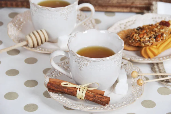 Two Retro Cups Sugar Vanilla Tea Cookies Breakfast — Stock Photo, Image