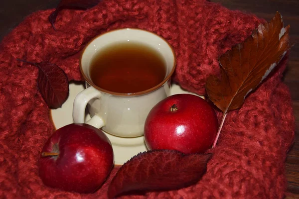 Herbsttee in ein Wolltuch gewickelt und rote Äpfel und Blätter — Stockfoto