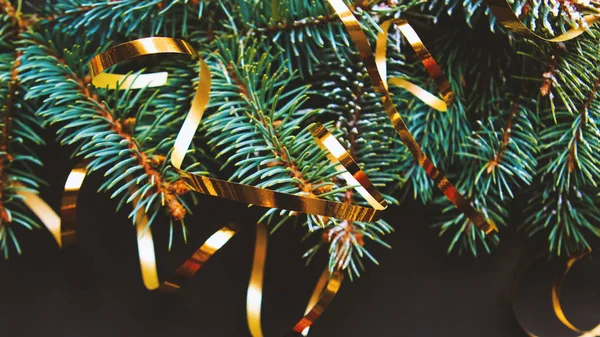 christmas tree branches with golden decorations