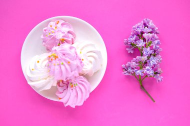 Lezzetli taze krema ve parlak pembe arka planda çiçek açan leylak dalı, üst manzara, düz uzanış