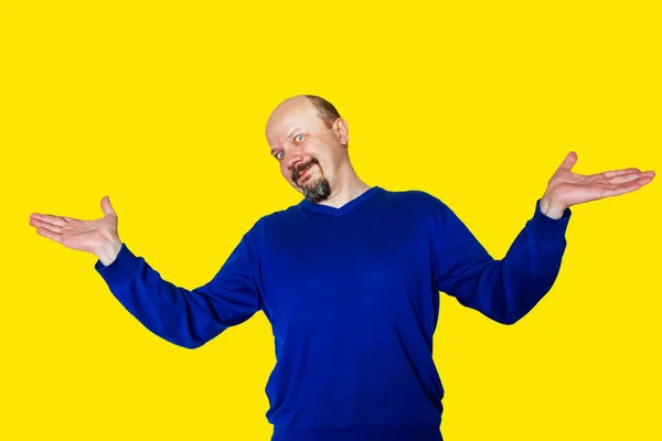 Portrait Adult Man Saying Oops Isolated Yellow Background Man Spreads — Stock Photo, Image