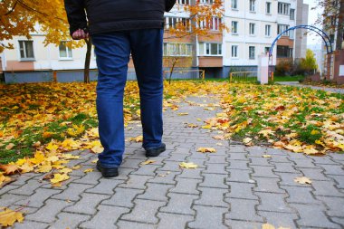Yetişkin bir adam sonbahar caddesinde yürüyor. Altın sonbahar arkaplanı