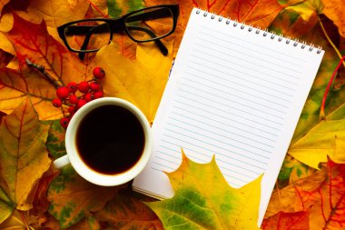 Sonbahar yeşillik arka planında beyaz defter ve kahve fincanı, üst görünüm