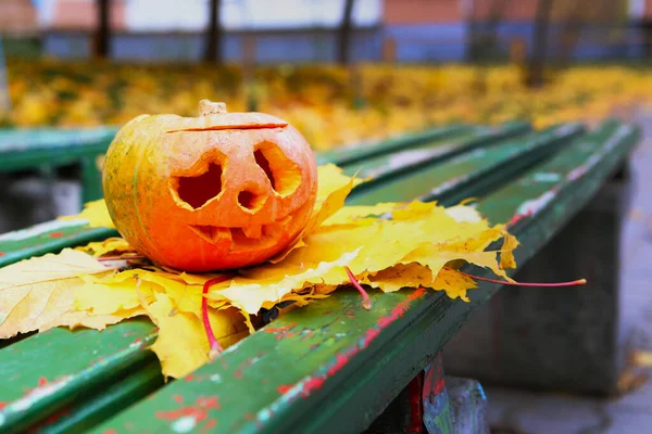 Jack-o-lantern on the bench. Autumn background. Halloween concept