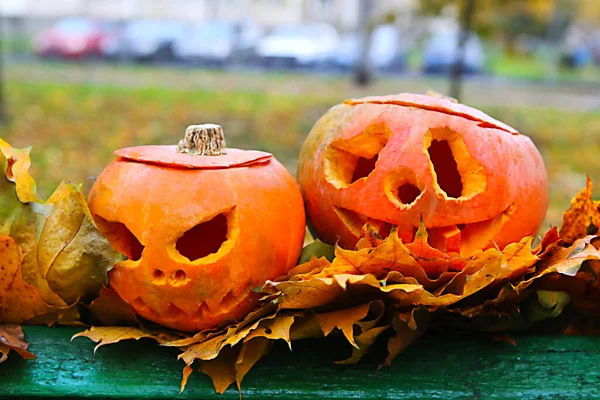 Jack Lucerna Lavičce Podzimní Pozadí Halloween Koncept — Stock fotografie