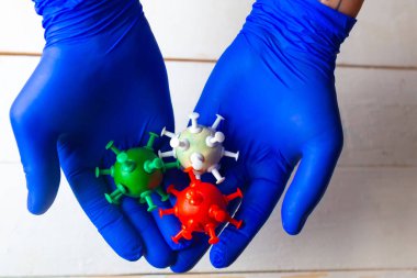 Tıbbi eldivenlerdeki eller virüs modellerini beyaz, kırmızı ve yeşil renklerde tutuyor. Coronavirus İtalya konsepti