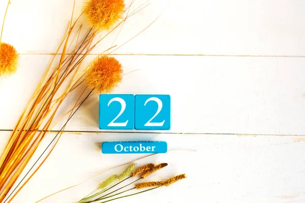 Octobre Calendrier Cube Bleu Avec Mois Date Sur Fond Bois — Photo