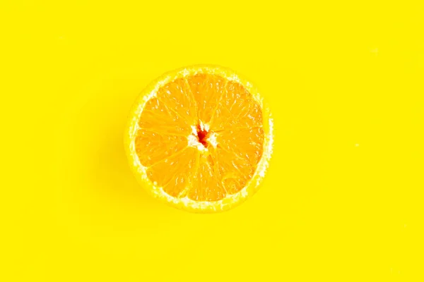 Sliced Fresh Sweet Orange Bright Yellow Background Minimal Concept — Stock Photo, Image