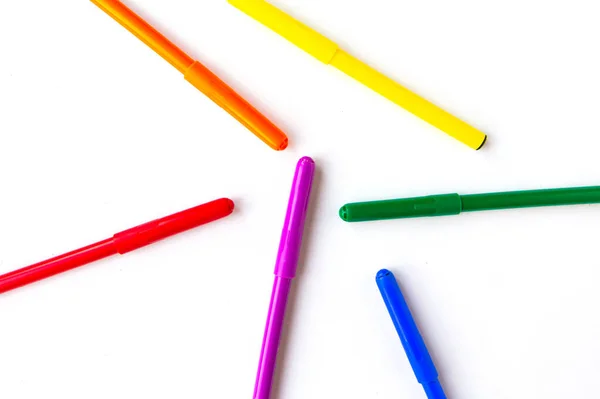 stock image Pencils in lgbtq colors on white background, top view