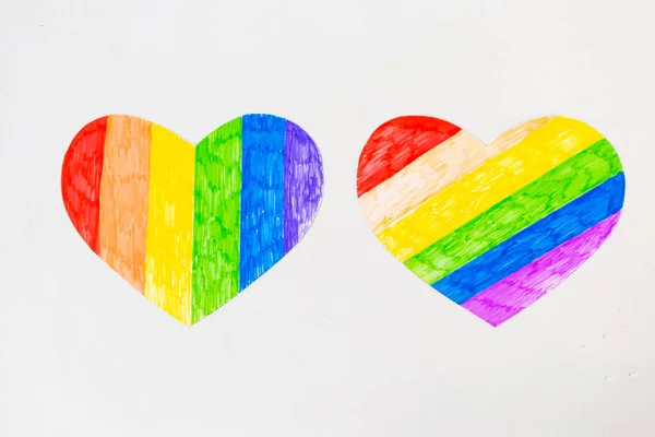 Two Hearts Lgbtq Colrs White Background Top View — Stock Photo, Image