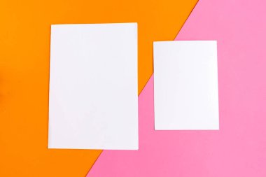 Geometrik turuncu ve pembe arka planda iki beyaz model boş. Metin için alanı kopyala. Dikey
