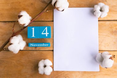 14 Kasım. Ahşap zemin üzerinde ay ve tarih olan mavi küp takvimi.