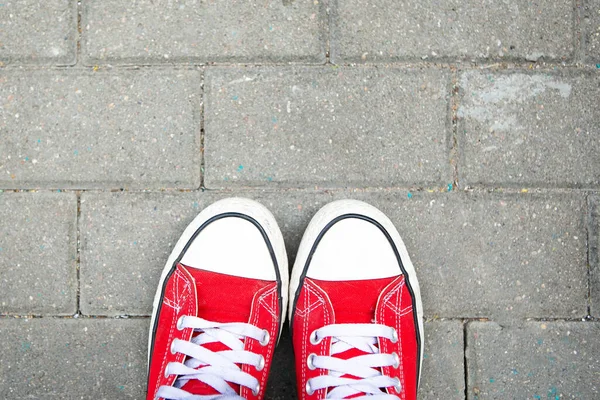 Close Red Women Sneakers Background Grey Asphalt Tiles Copy Space — Stock Photo, Image
