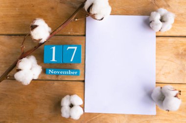 17 Kasım. Ahşap zemin üzerinde ay ve tarih olan mavi küp takvimi.