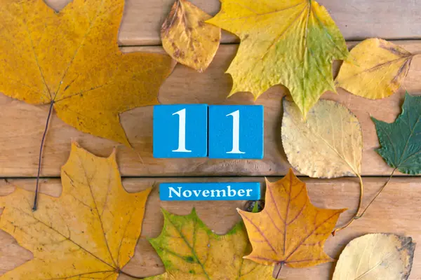 November Blauwe Kubus Kalender Met Maand Datum Houten Ondergrond — Stockfoto