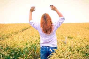 Buğday tarlasında genç bir kız, arkadan manzaralı.