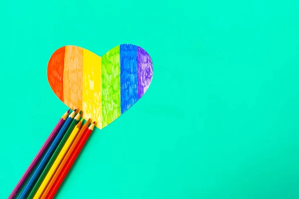 Heart Lgbtq Colors Pencils Green Mint Background Top View — Stock Photo, Image