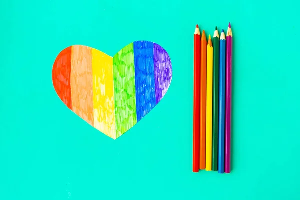 Heart Lgbtq Colors Pencils Green Mint Background Top View — Stock Photo, Image