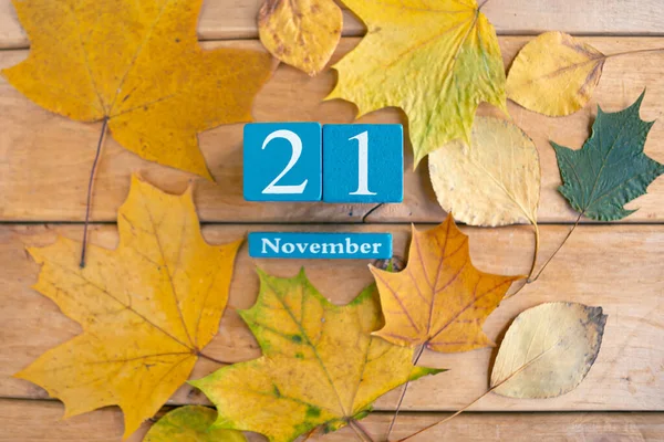 November Blauwe Kubus Kalender Met Maand Datum Houten Ondergrond — Stockfoto