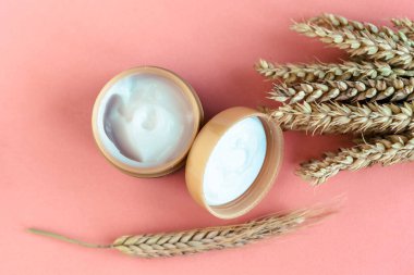 Buğday ve arpa doğal kozmetik. Kozmetik kavanozu ve pembe arka planda buğday kulakları.