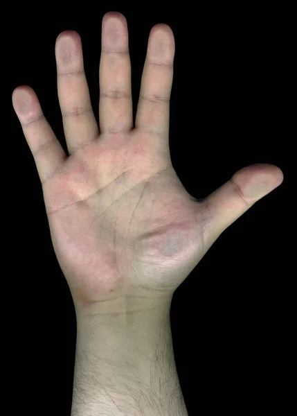 Hand behind glass on black background, Male hand is showing five — Stock Photo, Image