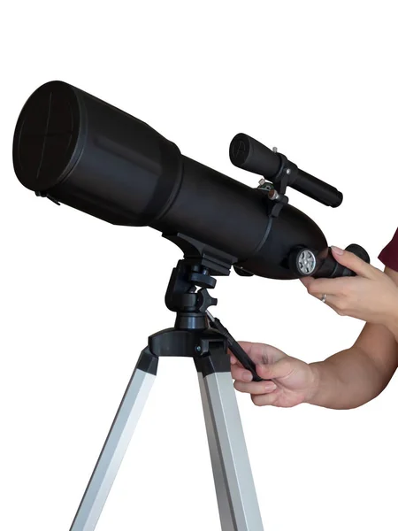 Telescopio Nelle Mani Treppiede Isolato Bianco — Foto Stock