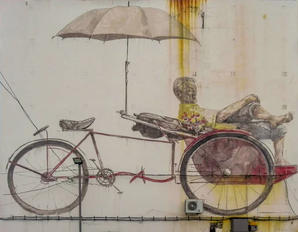Penang Malasia 2014 Mural Arte Callejero Awaiting Trishaw Paddler Pintado — Foto de Stock