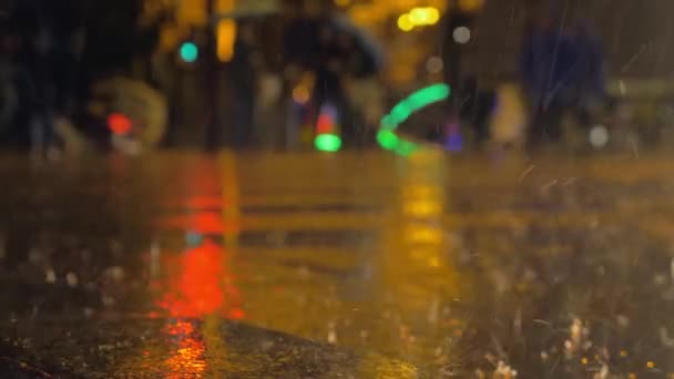 Regen strömt in der Nacht Stadt — Stockvideo