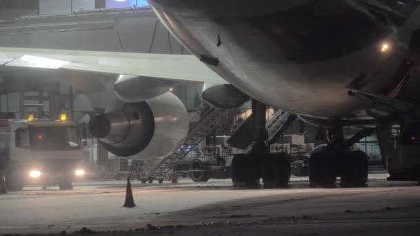Unloading arrived Boeing 747-400 at night — Stock Video