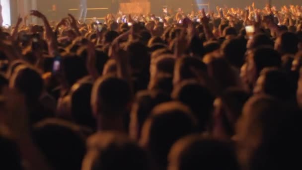 Menigte fans genieten van het concert van favoriete muziekband — Stockvideo