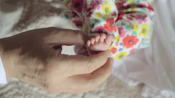 Abuelo sosteniendo pequeño pie de bebé nieto — Vídeo de stock