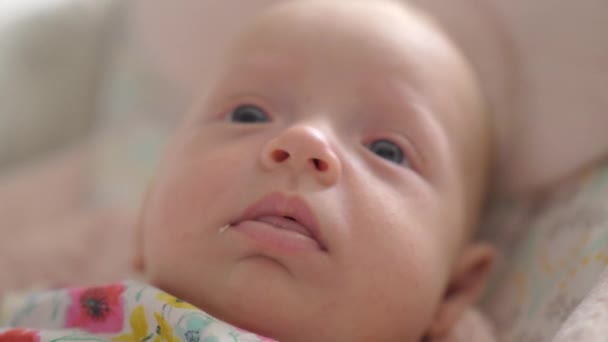 Retrato interno de dois meses bebê menina com grandes olhos azuis — Vídeo de Stock