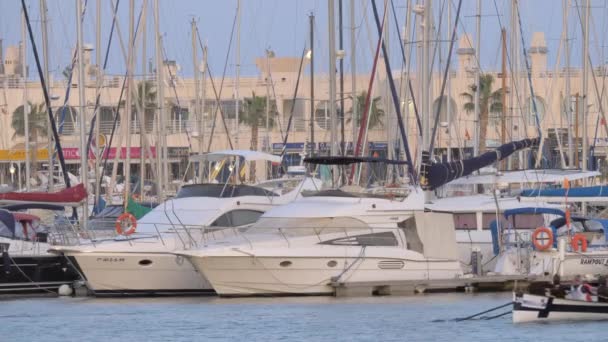 Vue sur quai avec yachts amarrés et voilier à rames — Video
