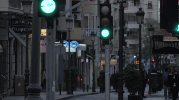 Calle nocturna con tiendas, gente caminando y tráfico de transporte. España — Vídeo de stock