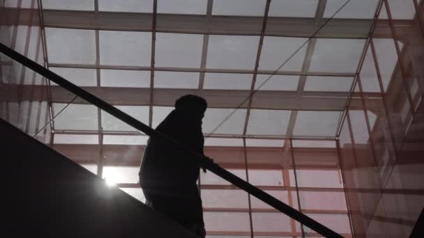 La gente siluetas en escaleras mecánicas en el centro comercial — Vídeos de Stock