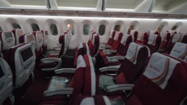 Hainan havayolu uçaklarının boş kabin. Ekonomi sınıfı