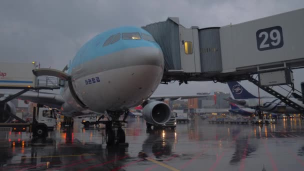 Avión coreano con puente de embarque. Próximamente salida del aeropuerto de Sheremetyevo — Vídeo de stock