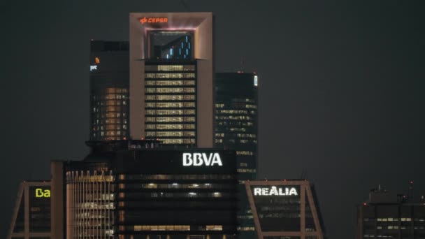 Office skyscrapers in night Madrid, Spain — Stock Video