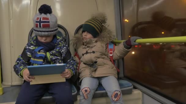 Two young boys in a bus — Stock Video