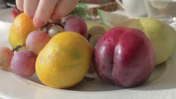 Un primer plano de un plato de frutas — Vídeos de Stock