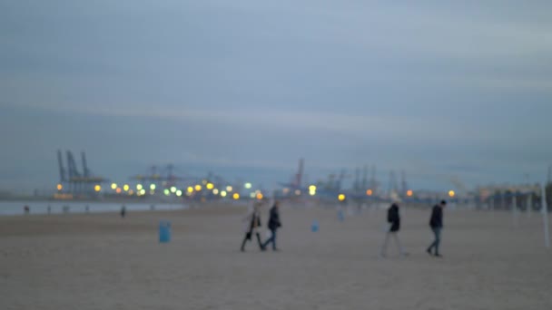 Les gens marchent sur la plage par une journée froide — Video