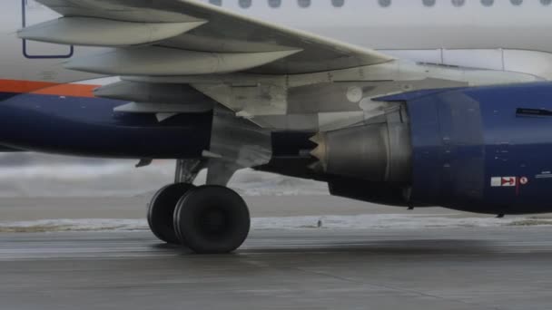 Flugzeug auf verschneiter Piste — Stockvideo