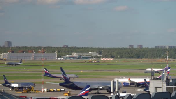 Trafik i Aeroflots flygplan på Sheremetyevo Airport, Moskva — Stockvideo