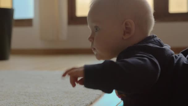 Babymeisje wil kruipen en bewegende handen en benen — Stockvideo