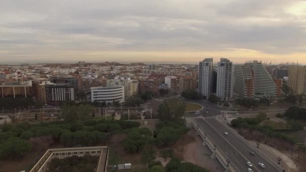 Vista aérea de Valencia con Puente Ángel Custodi, Jardines y edificios de Turia — Vídeos de Stock