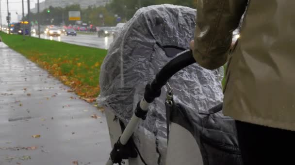 Mamma går med baby på regnig höstdag — Stockvideo