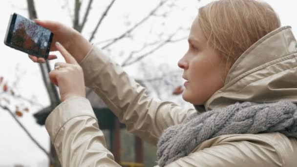 Femme prenant des photos de rowan arbre pendant la marche d'automne avec bébé — Video