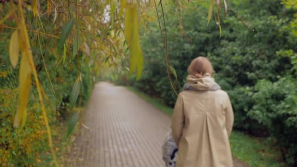 Mamá con el bebé dando un paseo al aire libre el día de otoño — Vídeos de Stock