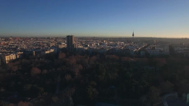 Luchtfoto Scène Van Madrid Spanje Winterochtend Uitzicht Stad Met Buen — Stockvideo