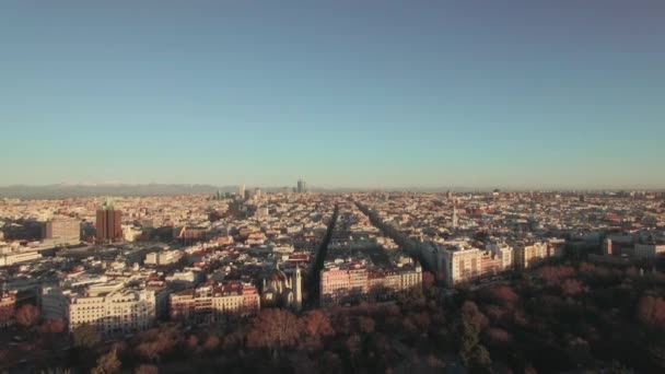Luchtfoto van de dichtbevolkte Madrid in de winter 's morgens, Spanje — Stockvideo